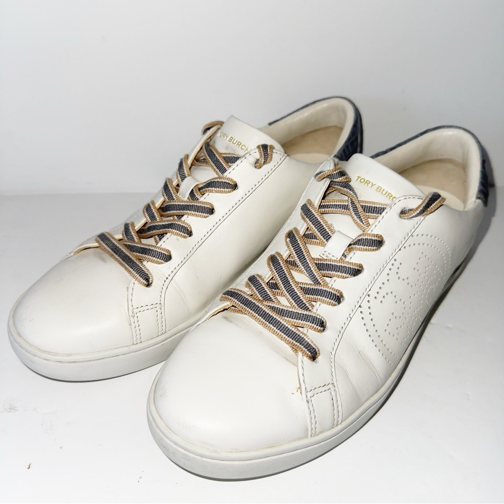Tory Burch Leigh T-Logo Sneaker White/Gray Croc Sz 9 Athleisure Casual Everyday - Picture 9 of 14